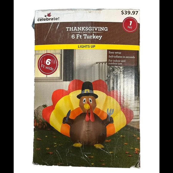 Gemmy Airblown Inflatable 6 Foot Turkey Thanksgiving Pilgrim Hat Lights up - Picture 2 of 5